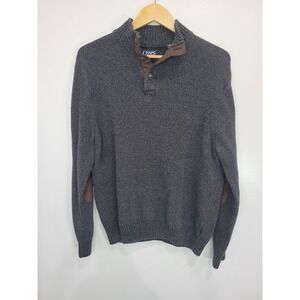 CHAPS‎ Men's Gray Knit Mock Neck Button Quarter Zip Sweater Elbow Patches XL